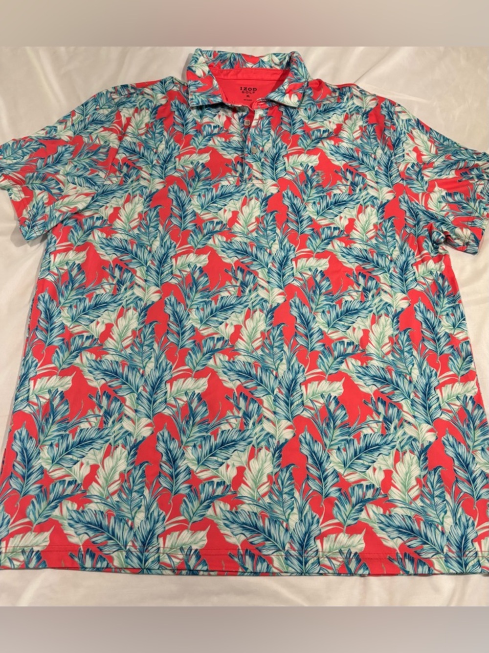 Izod Coral Polo with Teal Leaf Print